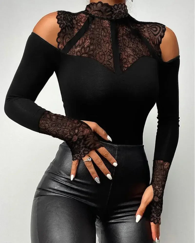 Contrast Lace Long Sleeve Cold Shoulder Bodysuit Women Top Romper Solid Color Fashion Sexy Slim Skinny Bodysuits black