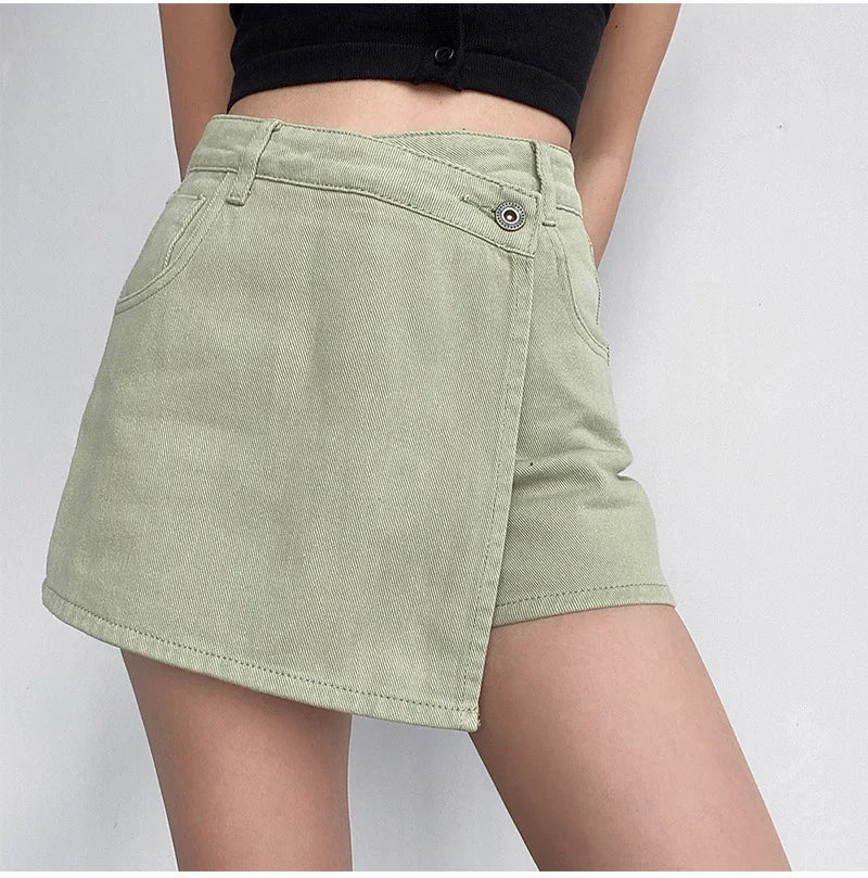 Elegant Slimming High-waisted A- line Denim Shorts Women's Summer New 2023 Light Color Two-piece Illusion Design Slim Fit