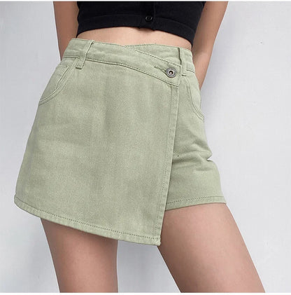 Elegant Slimming High-waisted A- line Denim Shorts Women's Summer New 2023 Light Color Two-piece Illusion Design Slim Fit