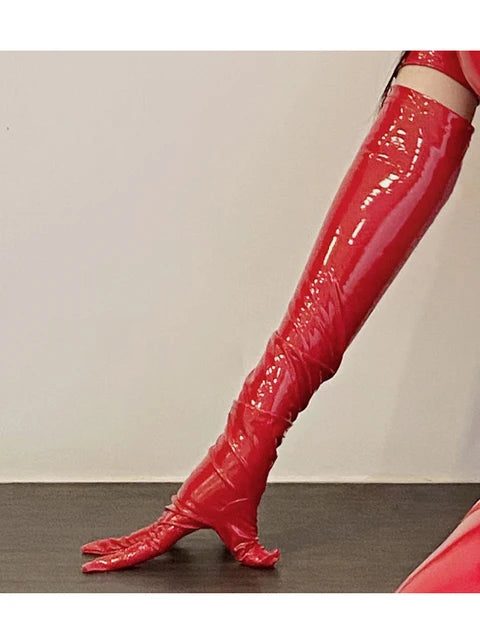 Sexy Women Latex PU Faux Leather Micro Mini Dress Shiny Hollow Out Club Dance Dress Elastic Bodycon Pack Hip Leoatrd Dress Only Red Glove