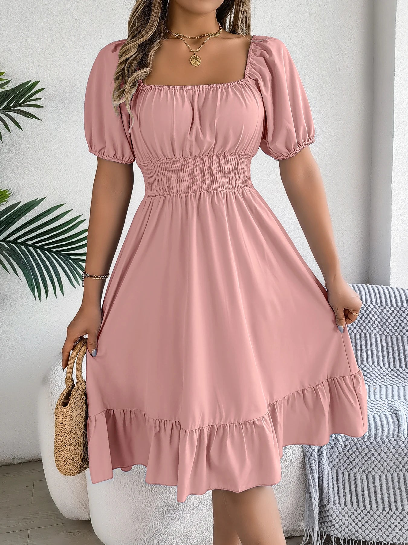 Spring and Summer Elegant High Waisted Dress Square Neck Short Sleeved Ruffled Edge Long Dresses for Women Badiee Stylez