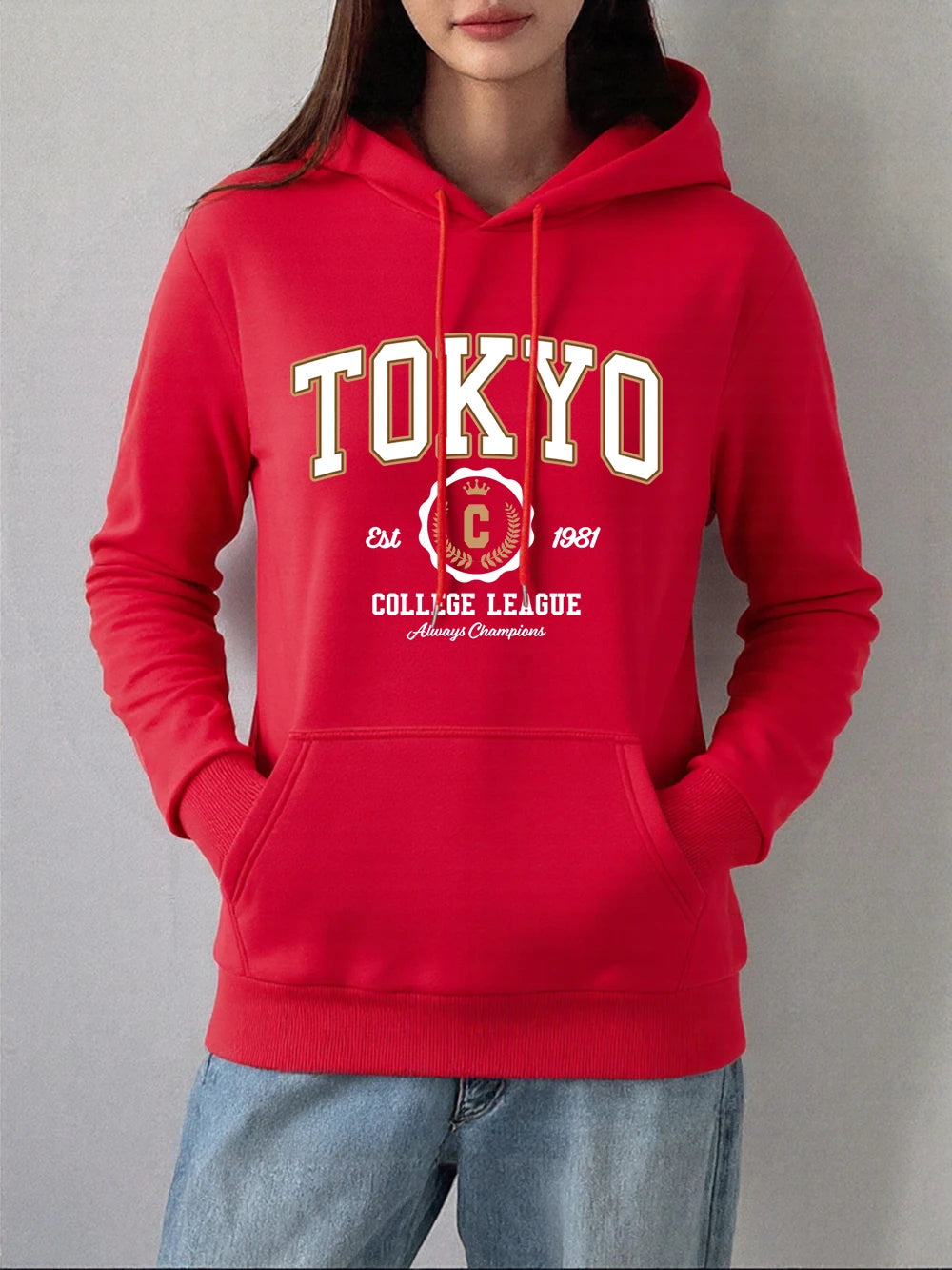 Tokyo College League Prints Hoodie Women Winter Fleece Warm Pullover Basics Pocket Sweatshirt Casual Comfortable Womans Clothes Red