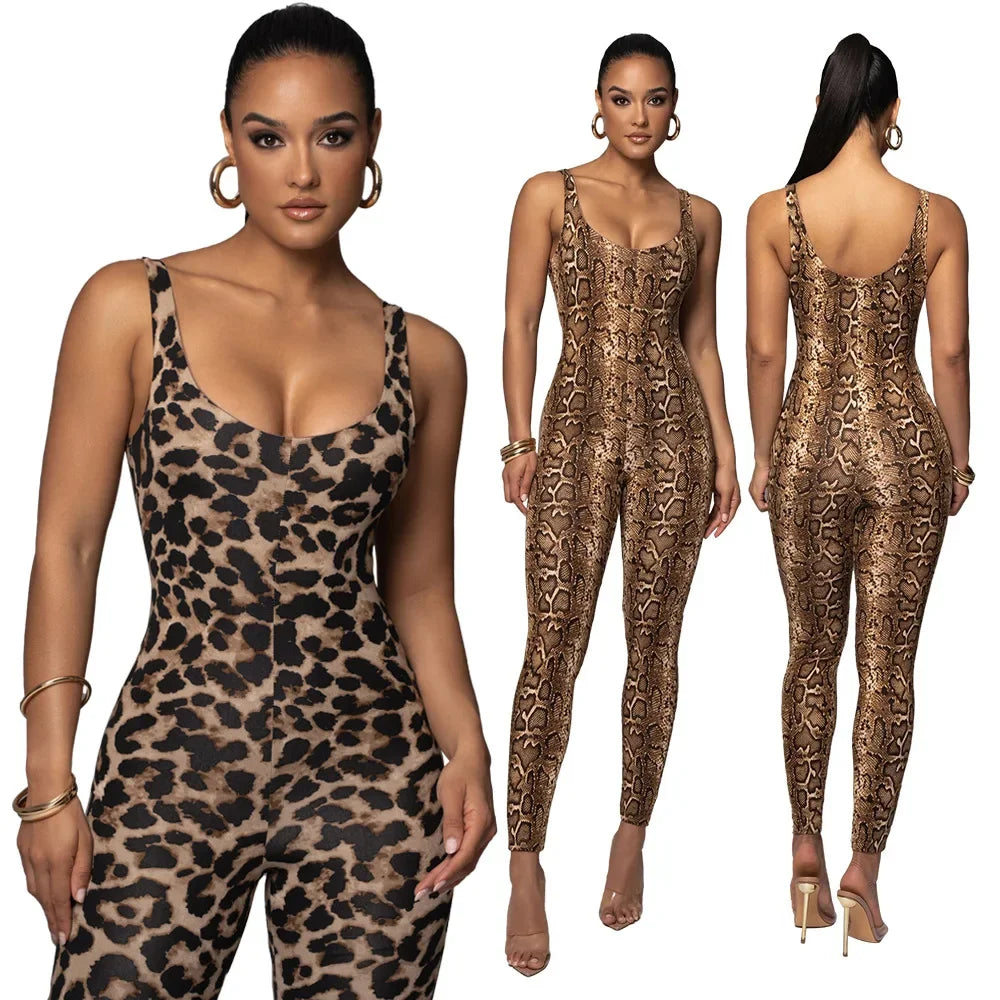 New Serpentine Leopard Print Y2k One Pieces Sleeveless Jumpsuit Fashion Clothes For Women Sexy Night Club Outfits Badiee Stylez