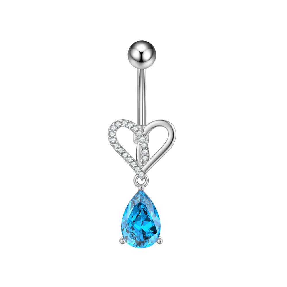Zircon Crystal Belly Button Ring Dangle Wing Piercing Nombril Ombligo Surgical Steel Barbell Heart Round Navel Stud Body Jewelry 3211-SR