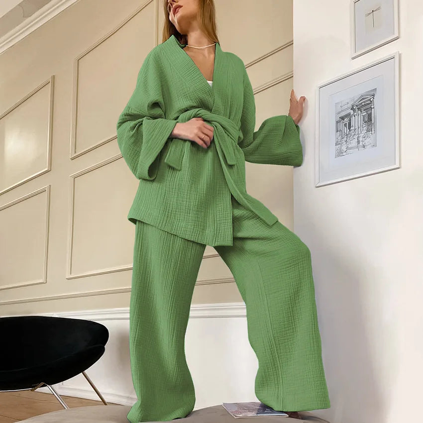 NHKDSASA Kimono Pajamas 2023 New 100% Cotton Crepe Long-Sleeved Trousers Ladies Sleepwear Suit Women's Home Service Mujer Grass Green