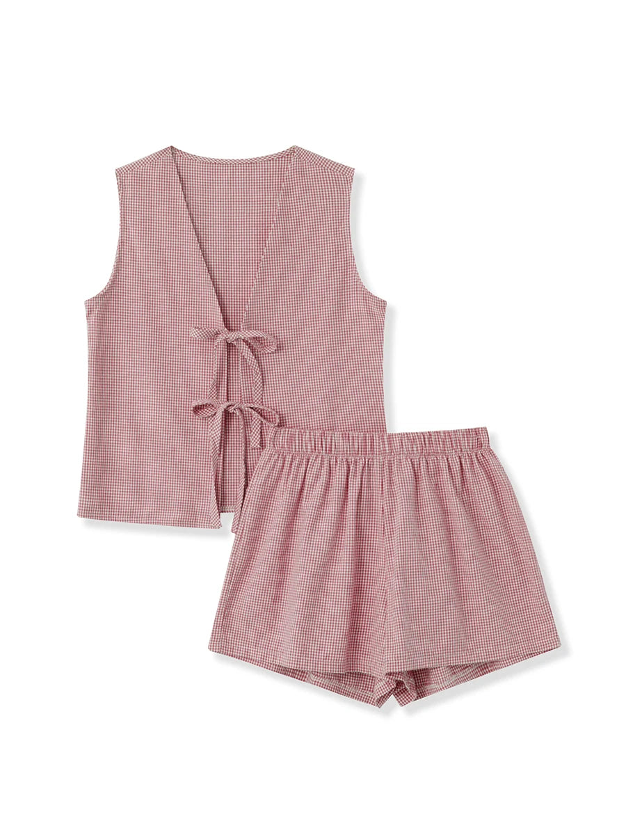 Women 2-Piece Shorts Set Plaid Print Lacing V-Neck Sleeveless Tank Tops Elastic Waistband Shorts Loungewear Outfits Red