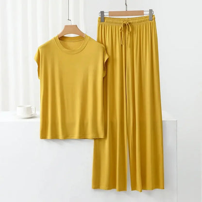 Modal Homewear set O-neck Tshirts short sleeves and Wide leg pants Loose sleepwear Casual streetwear suit all match yellow
