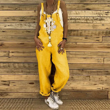 Linen Overalls Jumpsuit Women Casual Print Sleeveless Summer Loose Female Suspenders Straight Leg Fashion New Streetwear