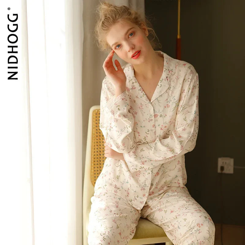 Pre-sale 2024 Spring Satin Pajamas Long Sleeve Viscose Sleepwear Willow Leaf Print Lounge Wear Two Piece Pijama Set Pijama Mujer Beige