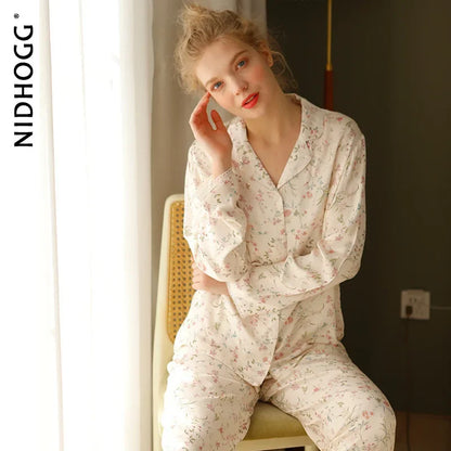 Pre-sale 2024 Spring Satin Pajamas Long Sleeve Viscose Sleepwear Willow Leaf Print Lounge Wear Two Piece Pijama Set Pijama Mujer Beige