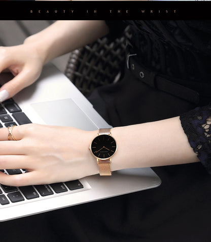 HANNAH MARTIN Brand Classic Women Quartz Watch 36mm Rose Gold Stainless Steel Mesh Strap Japanese Movement Girl Gift Wrist Watch