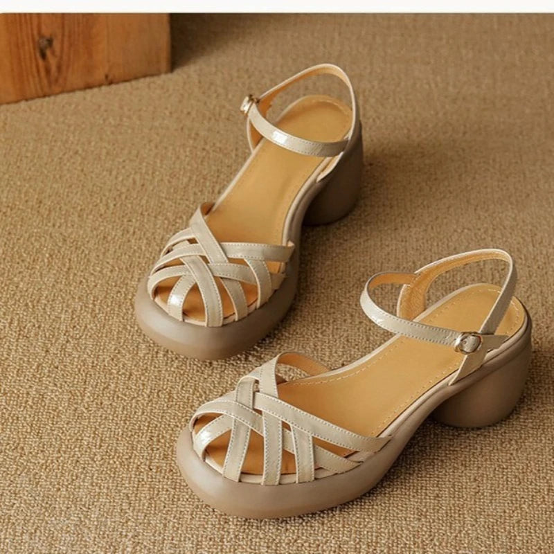 БосоножкиженскиеFashion Retro Women Shoes Summer New Round Heels Thick Soled Anti Slip Roman Sandals Simple Women Heels Sandals Badiee Stylez