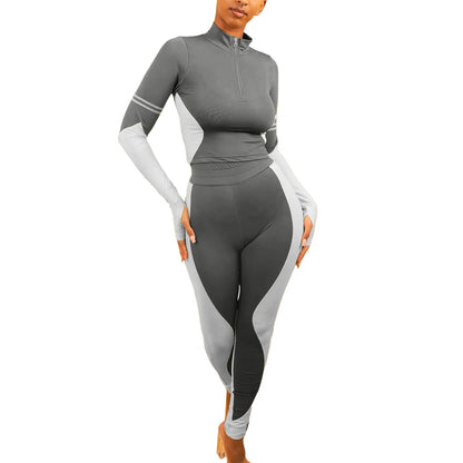 Y2K Color Matching Women'S Set Sweatsuit Two Piece Outfits Ladies' Standing Collar Sports Suit Slim Fit Long Sleeved Long Pants Badiee Stylez