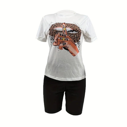 Women's summer casual loose fit large size Leopard Lips print round neck short sleeved T-shirt+shorts two-piece set