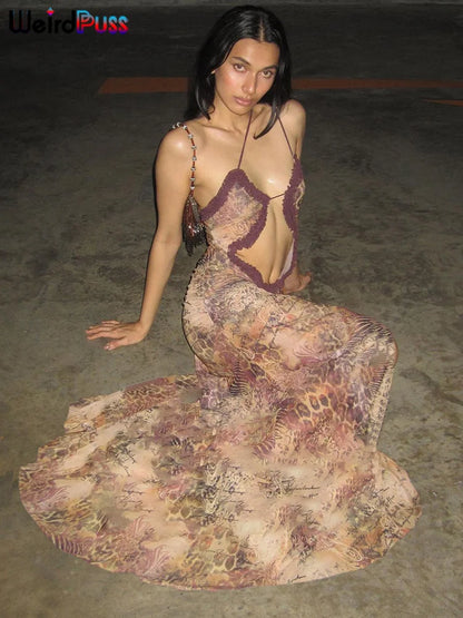 Weird Puss Side Split Women Dress Spaghetti Strap Halter Neck Edible Tree Fungus Hollow Out Sexy Evening Party Ladies Vestido