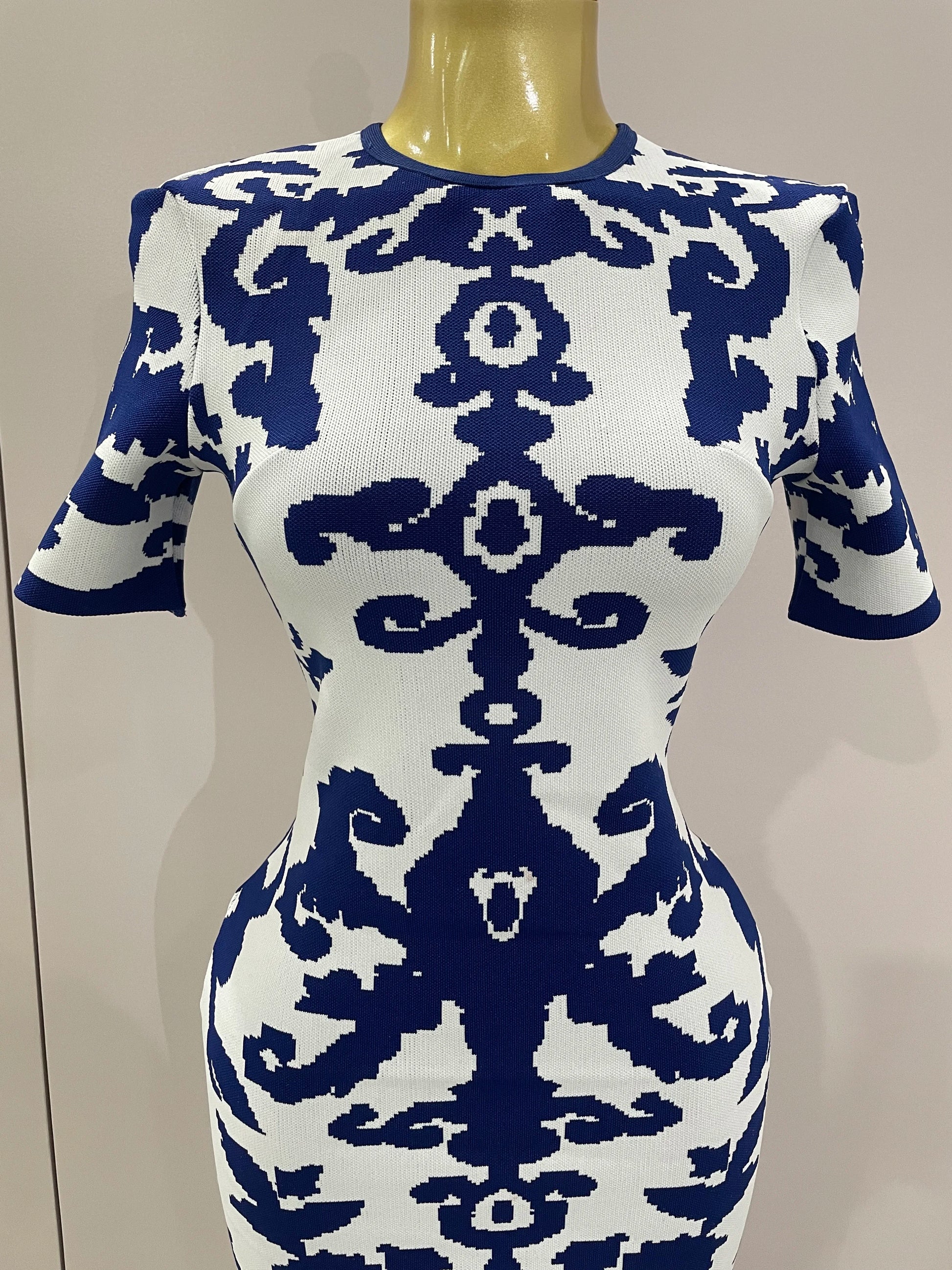 2025 New Sexy Short Sleeve Jacquard Blue Bandage Bodycon Long Dress Women Celebrity Elegant Evening Club Party Luxury Dresses
