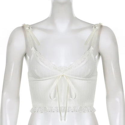 Lace Trim Crop Top Aesthetic White Bow Cute Sweet Mini Vest Knitted Basic Casual Tee Women Summer Backless Beach