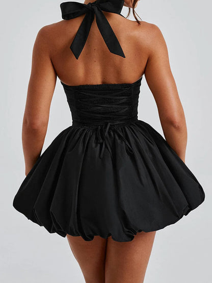 Summer new European and American spicy girl style sexy waist cinching slimming puffy skirt hanging neck tie solid color dress