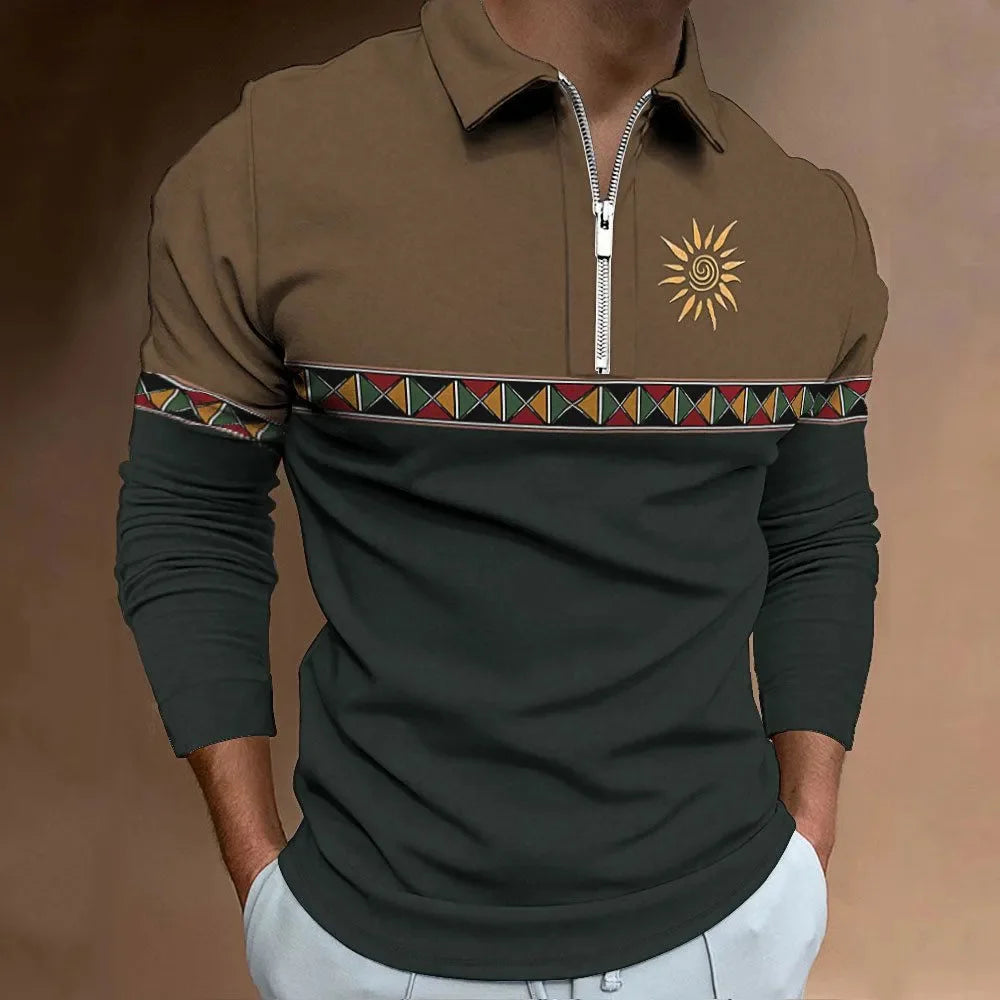 Retro Color Block Men's Polo - Stylish Long Sleeve Golf Shirt with Zipper