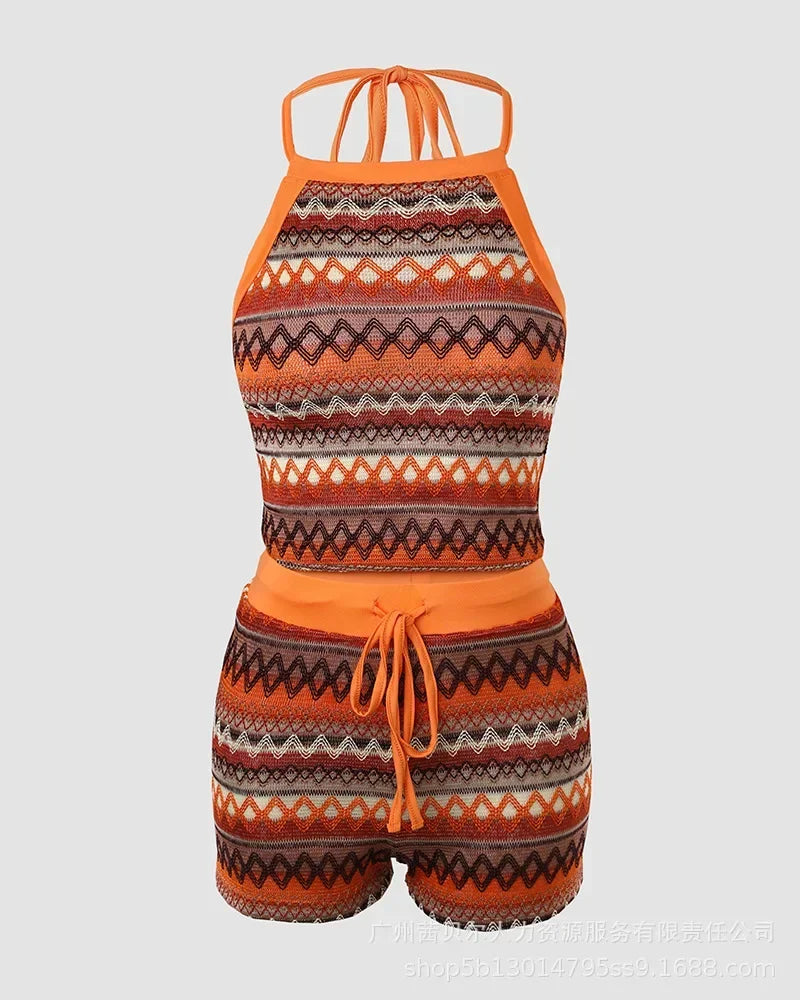 Geometric Patttern Halter Top & Drawstring Shorts Set Sleeveless Tank Top High Waist Shorts Pants 2pcs Clothes Set