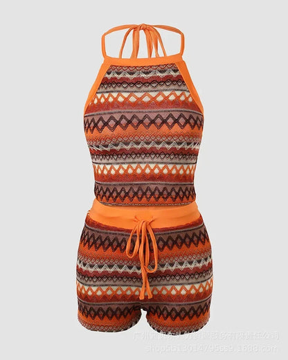 Geometric Patttern Halter Top & Drawstring Shorts Set Sleeveless Tank Top High Waist Shorts Pants 2pcs Clothes Set