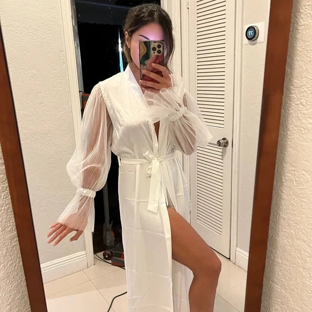 White Bridal Silk Gown With Wide Sleeves Robe Satin Boudoir Wedding Dress Floor-Length Robe Women's Gown Satin Silk Party Dress