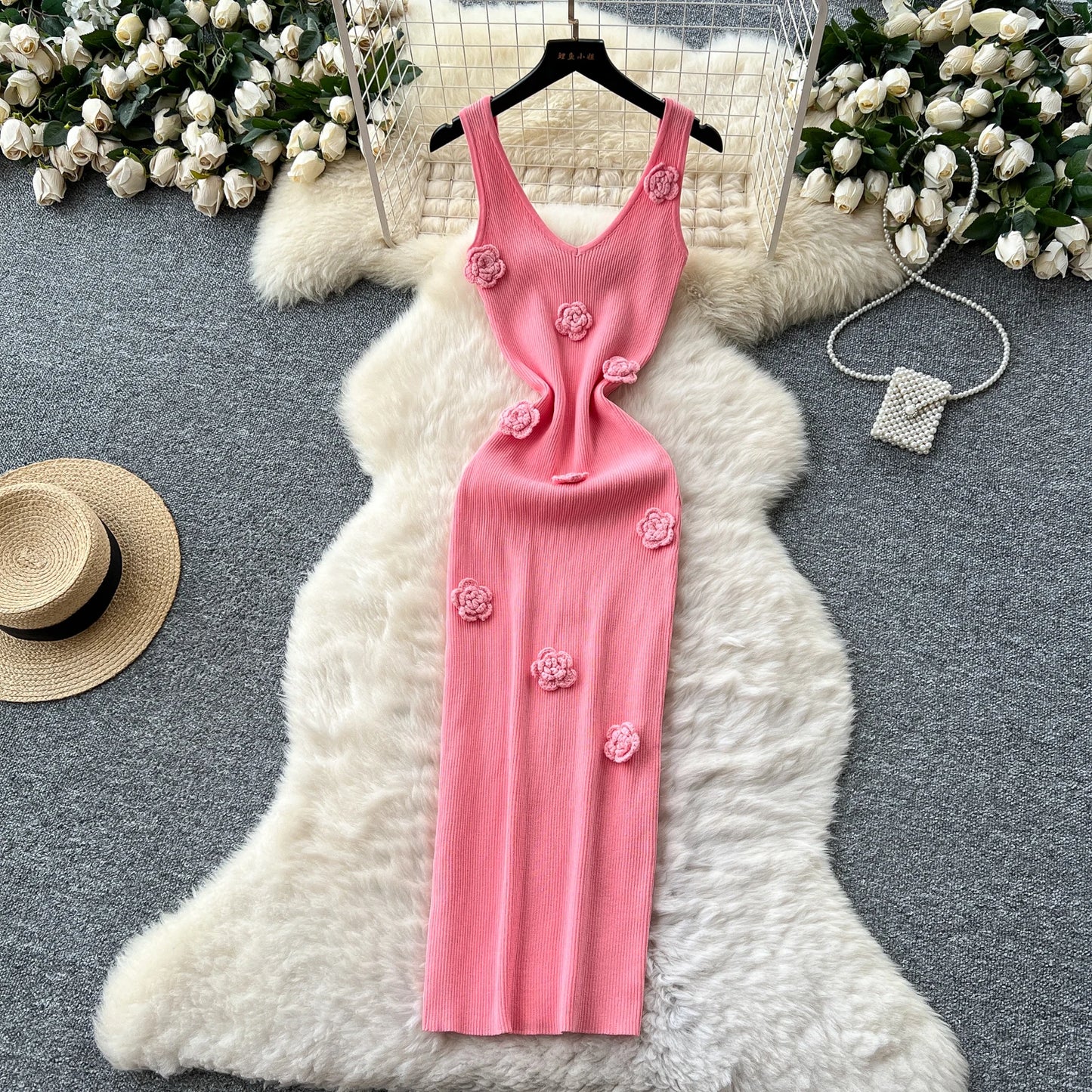 SINGREINY Knitted 3D Flower Chic Dress Sleeveless Slim Solid Elastic Sundress Women Summer Casual Fashion Bodycon Long Dresses