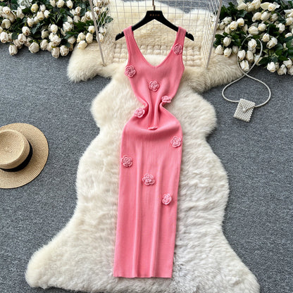 SINGREINY Knitted 3D Flower Chic Dress Sleeveless Slim Solid Elastic Sundress Women Summer Casual Fashion Bodycon Long Dresses