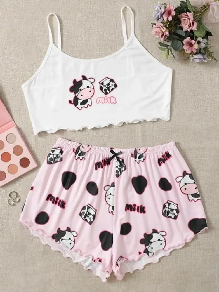 Women's 2pcs Cute Soft Comfy Cartoon Panda Print Sexy Sleepwear Sleeveless Shorts Homewear Pajama Set Loungewear Pink