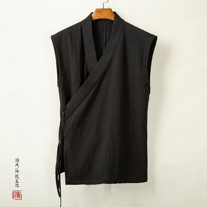 Chinese Traditional Clothing Hanfu Vest Men Linen Cotton Sleeveless Top Men's Tang Suit Kimono Cardigan Men's Slit Top