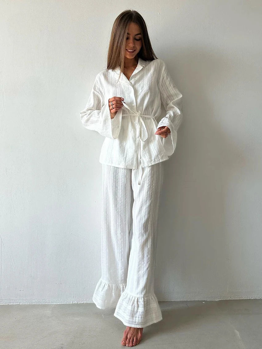 Marthaqiqiq Casual Women Nightgown 2 Piece Suit Long Sleeve Nightwear Turn-Down Collar Sleepwear Pants Loose Home Clothes Ladies WHITE CN