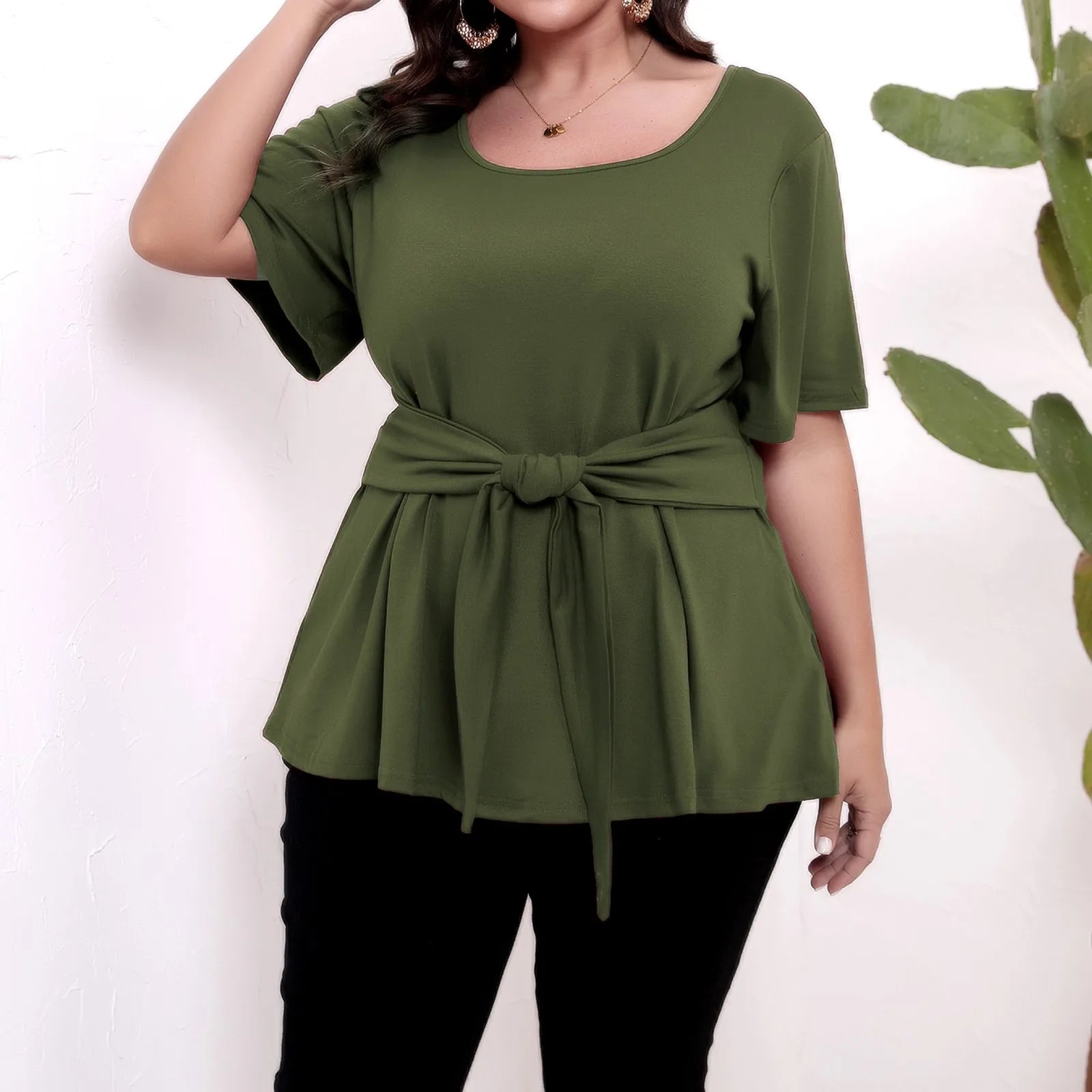 Plus size top women's short sleeve round neck belted t-shirts spring summer ladies casual T-shirt tops solid color pullover Army Green