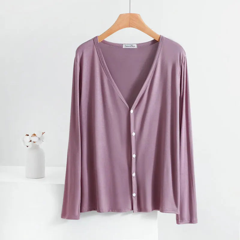 Summer Spring Modal Cardigan Long sleeves Candy colors V Neck Tshirt Open-front sun-proof clothing Air-conditioned tops purple bust-100-120cm