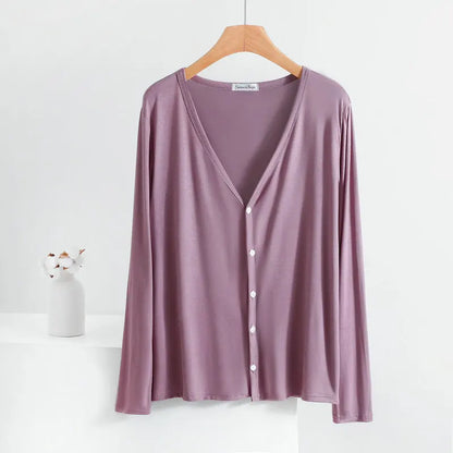 Summer Spring Modal Cardigan Long sleeves Candy colors V Neck Tshirt Open-front sun-proof clothing Air-conditioned tops purple bust-100-120cm