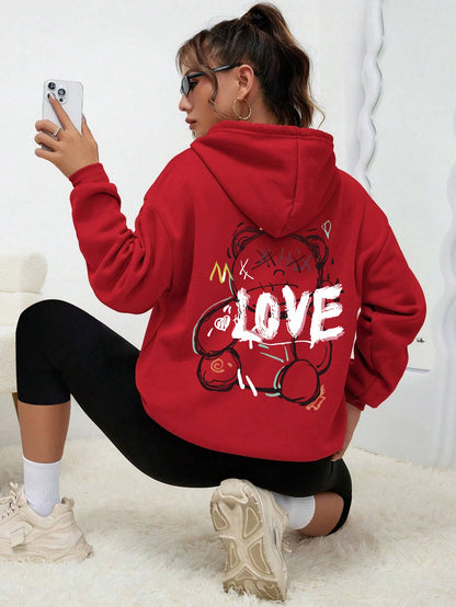 Graffiti Line Bear Simple Print Female Hoody Harajuku S-Xxl Sweatshirt Fashion Casual Street Hooded Autumn Warm Streetwear Women Red