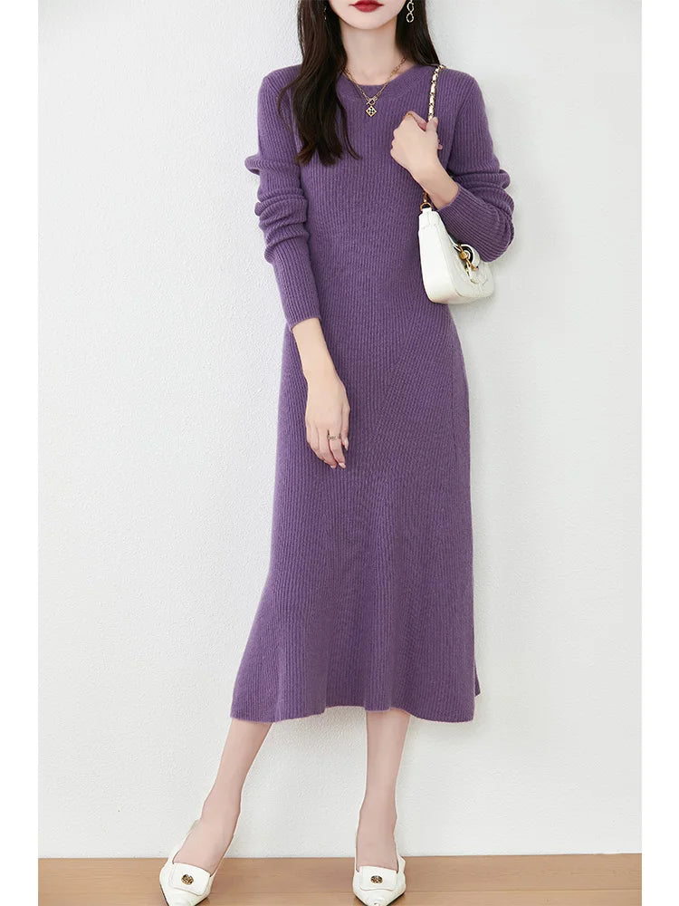 Women's Pure Wool Knitted Long Dress, Round Neck, Fishtail Skirt, Slim, Elegant, Casual, Fashionable, Sweater, 2024Autumn/Winter Badiee Stylez