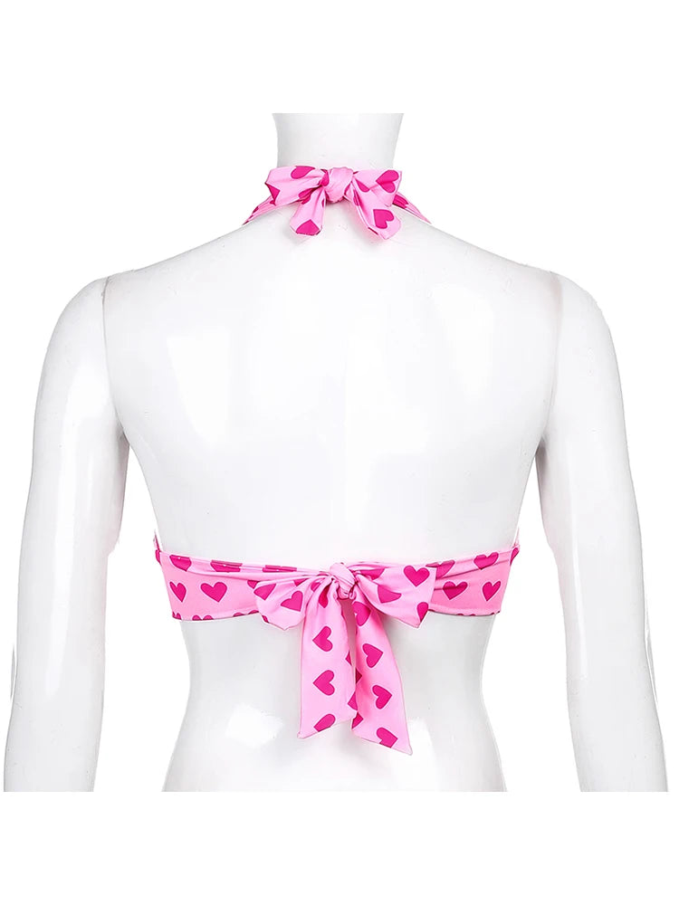 Pink Heart Print Cute Bustier Crop Top Women Aesthetic Kawaii Clothes Sleeveless Backless Lace Up Bralette Camisole