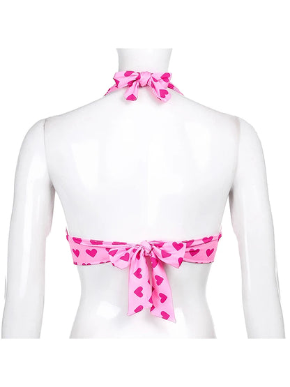 Pink Heart Print Cute Bustier Crop Top Women Aesthetic Kawaii Clothes Sleeveless Backless Lace Up Bralette Camisole