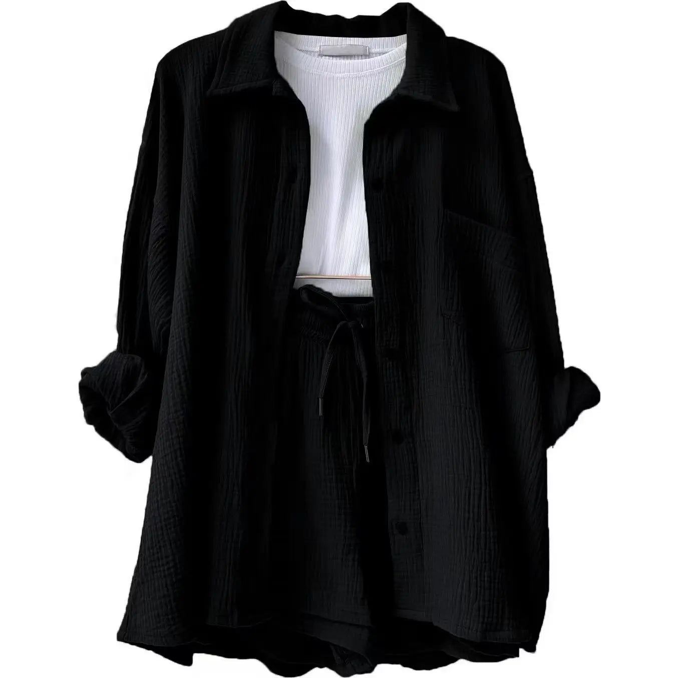 Short Sets Women Tracksuit Single Breasted Cardigan Blouses Two Pieces Shorts Loose Button High Street Solid Pockets Folds black