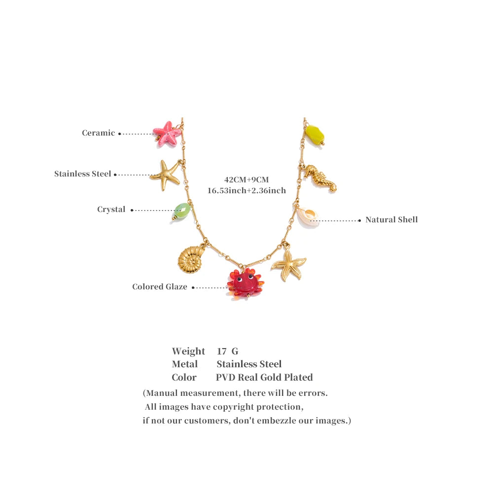Yhpup Ocean Style Summer Fashion Jewelry Crab Starfish Shell Pendant Necklace Stainless Steel Golden Charm Pendant Accessories