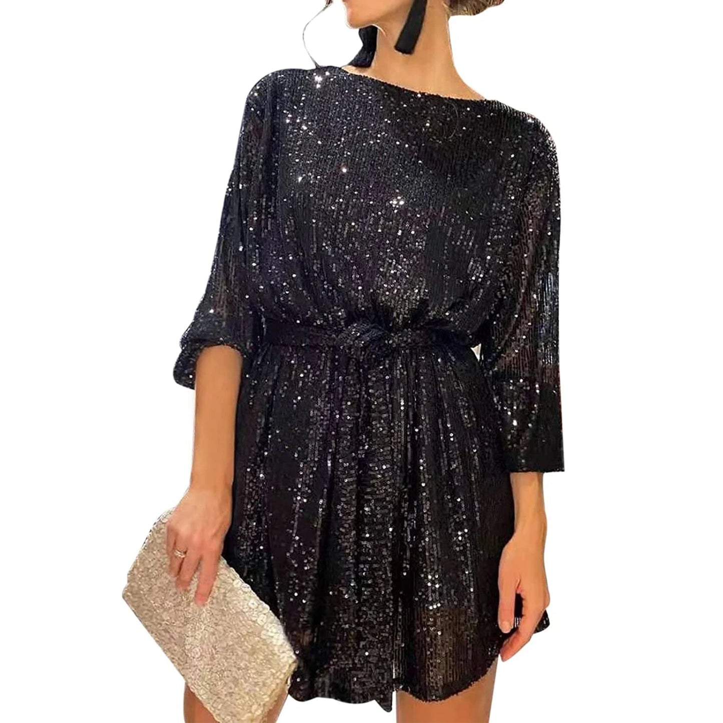 2024 New Fashion Women´s Autumn Sequin Party Dress, Sparkle Long Sleeve Round Neck Short Cocktail Dress with Belt Badiee Stylez