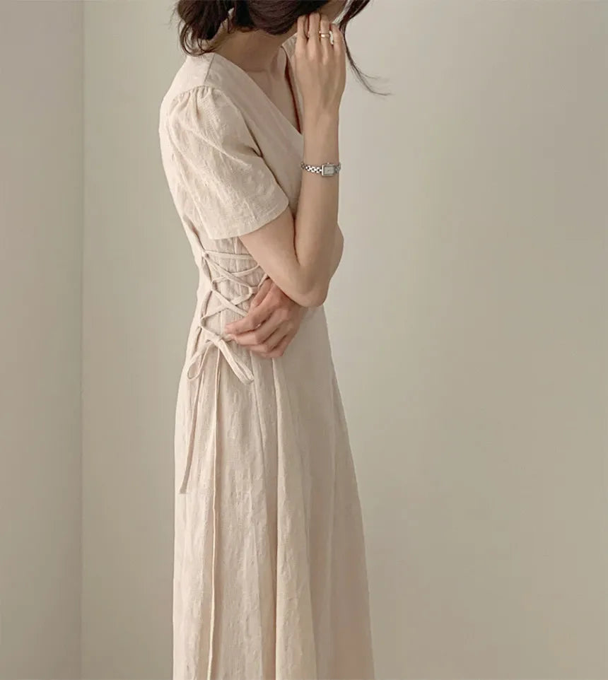 Cotton Linen Dress Long New Hot Sales Woman Short Sleeve Solid Retro Vintage Long Dresses