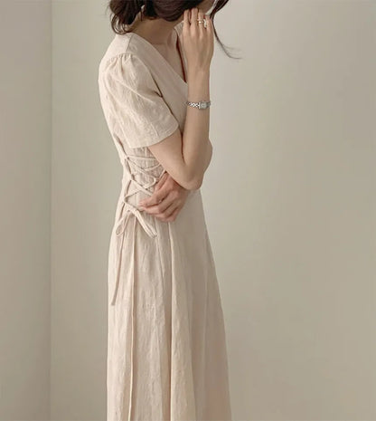 Cotton Linen Dress Long New Hot Sales Woman Short Sleeve Solid Retro Vintage Long Dresses