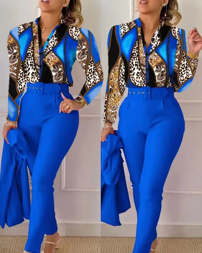 Elegant Women Printed Two Piece Suit Sets Spring Autumn V Neck Long Sleeve Shirt Top & Long Pants Set With Belt Workwear Outfits