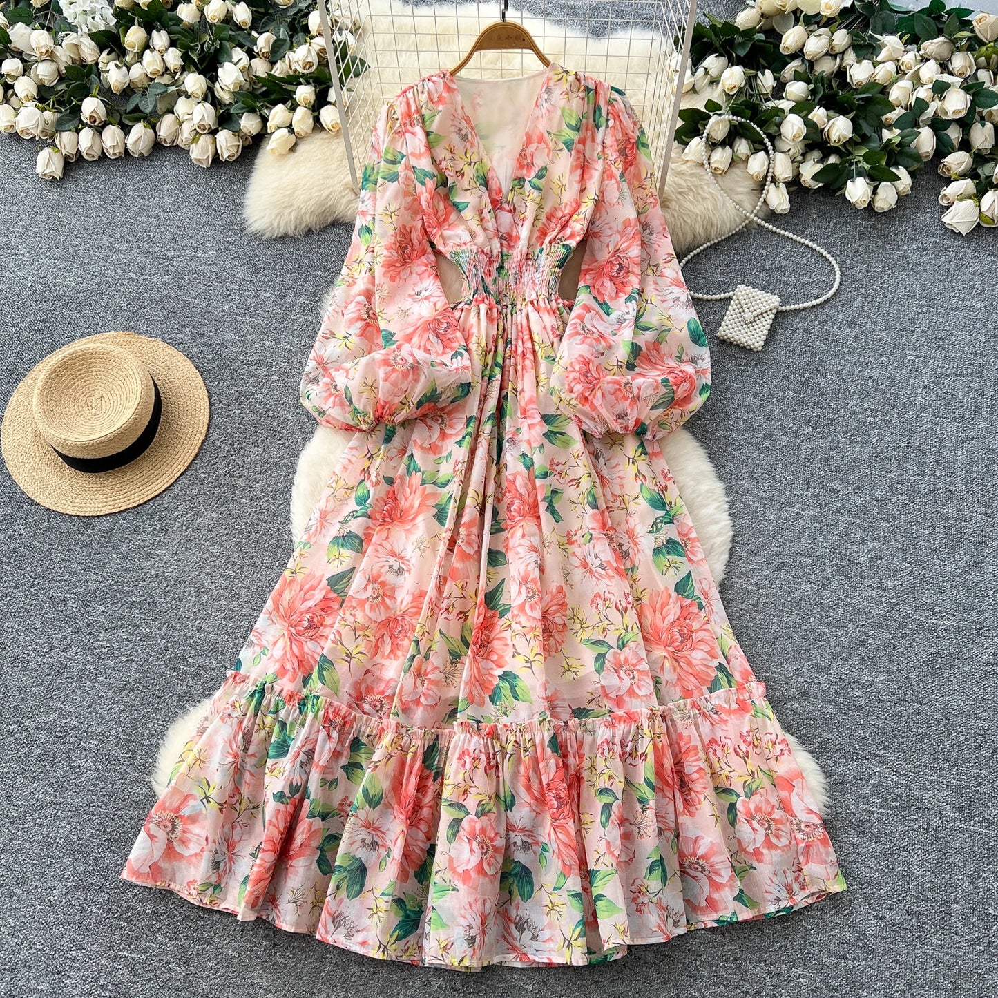 Chic vintage long sleeve lantern sleeve V-neck print pleated Elegant Fairy korean dress women clothing Long dress orange One Size