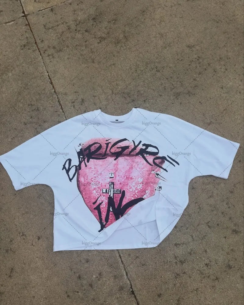American Retro Letter Printing Oversized T-shirt Hip-hop Harajuku Punk Round Neck Graphic Top Men Trendy Casual Streetwear Women Badiee Stylez
