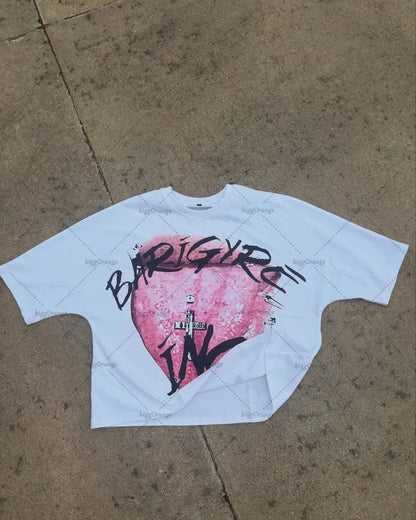 American Retro Letter Printing Oversized T-shirt Hip-hop Harajuku Punk Round Neck Graphic Top Men Trendy Casual Streetwear Women Badiee Stylez