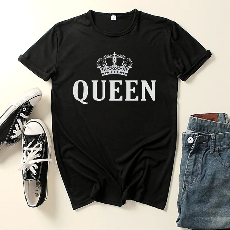 King Queen Crown Print Couple T Shirt Lovers Short Sleeve O Neck Loose Tshirt Fashion Woman Man Tee Shirt Tops Clothes queen