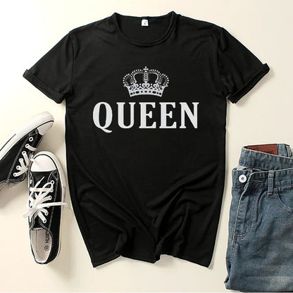 King Queen Crown Print Couple T Shirt Lovers Short Sleeve O Neck Loose Tshirt Fashion Woman Man Tee Shirt Tops Clothes queen
