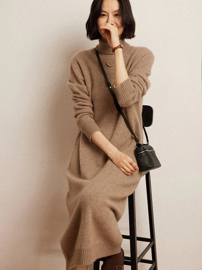 100% Cashmere Sweater Long Dress New Women High Turn-down Collar Pullover  Soft Cosy Autumn Winter Casual Solid Knitwear Dress Badiee Stylez
